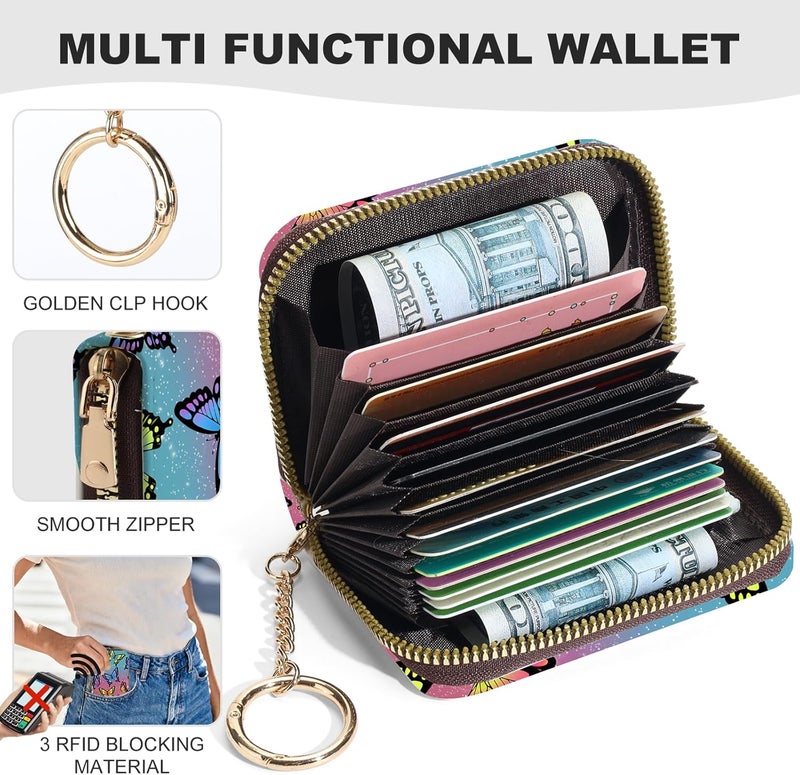 Luoycxy Credit Card Holder for Women,Small Rfid Wallet with Keychain Zipper,Cute PU Leather Card Case Wallet，Accordion Credit Card Wallets Gift,Colorful Butterflies - Image 2